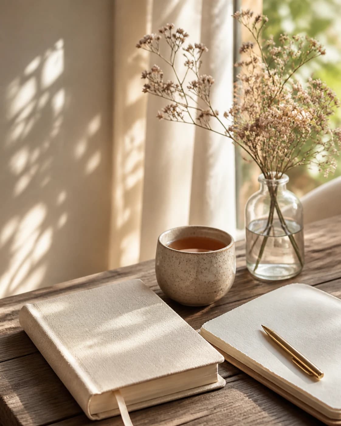 A linen journal, tea, and writing paper in gentle morning light